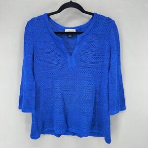 Vintage ST JOHN SPORT Marie Gray Blue Crochet V Neck Top Womens Size M Old Money